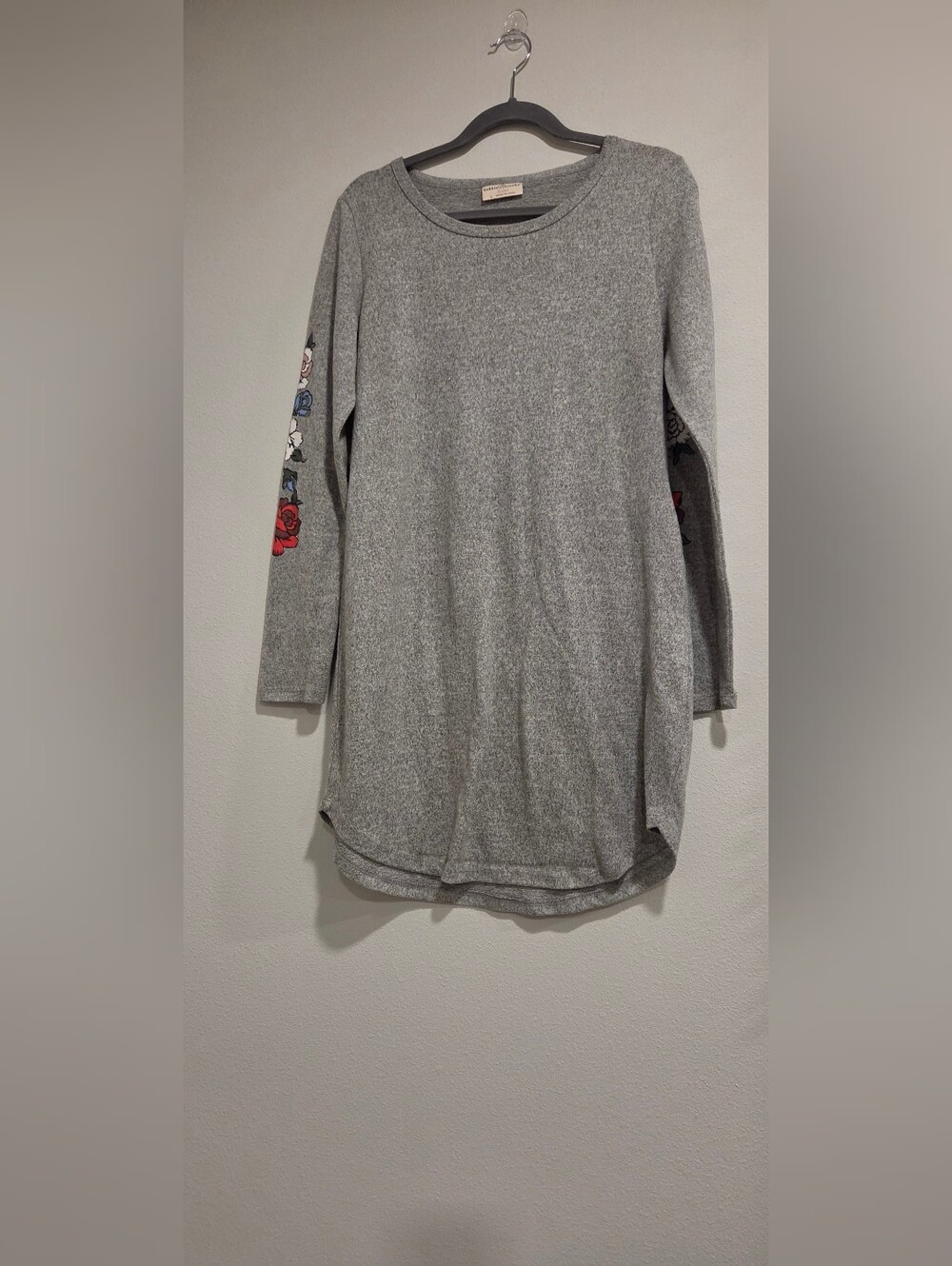 Bobbie Brooks Women's Knit Pullover Sweater Dress Tunic Style Floral Sleeves LG